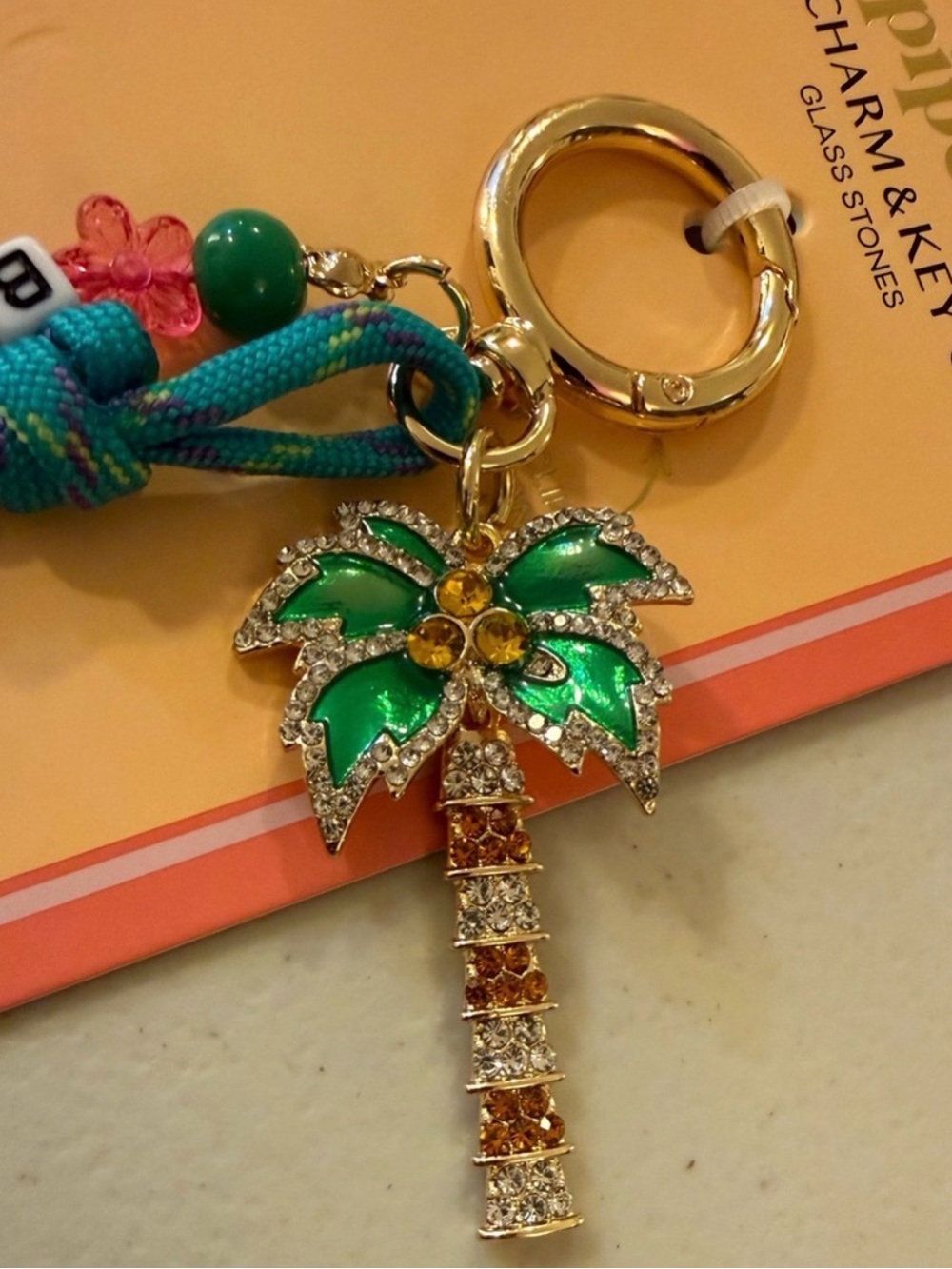 Piper K Green & Multicolor Palm Tree/Flower Bag Charm Key Chain - Picture 3 of 7